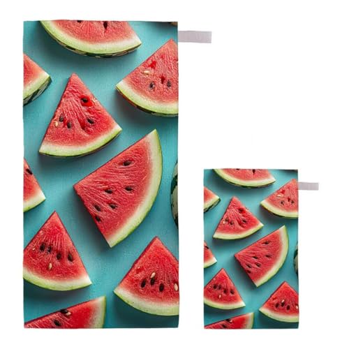 Strandtuch XXL 90x200cm/35x70cm 2er Set Mikrofaser Strandtuch, Schnelltrocknend Strandliege Kompakt Sandfrei Saunahandtuch mit Tasche, Mikrofaser Handtuch für Strand Reise Urlaub (Wassermelone) H-61 von Feionnug