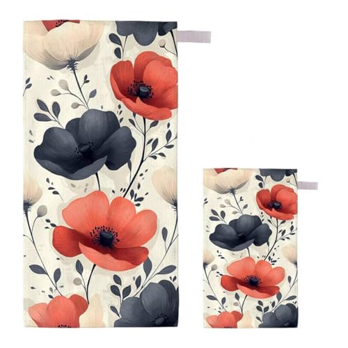 Strandtuch XXL 90x200cm/35x70cm 2er Set Mikrofaser Strandtuch, Schnelltrocknend Strandliege Kompakt Sandfrei Saunahandtuch mit Tasche, Mikrofaser Handtuch für Strand Reise Urlaub Camping (Mohn) F-9 von Feionnug