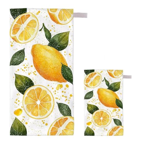 Strandtuch Zitrone Strandtuch XXL 70x140cm/35x70cm, 2er Set Mikrofaser Handtuch Groß Saunahandtuch, Schnell Trocknend Stranddecke Sandfrei, Badetuch Leicht für Fitness Sporthandtuch Reisehandtuch A-59 von Feionnug