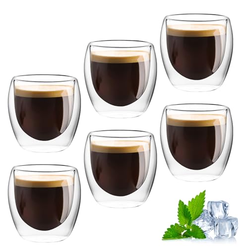 Doppelwandige Espressotassen 80ml, 6er Set Espresso Gläser, Thermoglas Espresso, Latte Macchiato Gläser Thermogläser Tassen Glas für Cappuccino,Tee,Eistee,Milch,Latte,Saft,Iced Americano von Feirdhoo