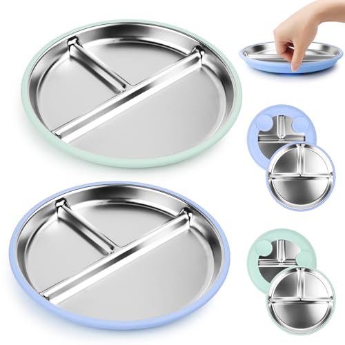Feirdhoo Babyteller 2 Stück Edelstahl Teller Baby mit Saugnapf 23CM Kinderteller Unterteilt mit Entfernbarer Silikon Hülle Unzerbrechliches Drei Fächern Baby Geschirrset von Feirdhoo