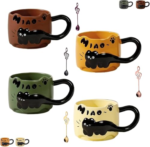 Süße Sachen Keramik Katze Kaffeetasse Teetasse, Katzen tasse Tier Figur mit Löffel, für Frauen Kaffeebecher Porzellan Tasse Personalisiert Cappuccino Tassen Beste Freundin Jahrestag Geschenk (4 Stück) von Feizikaw