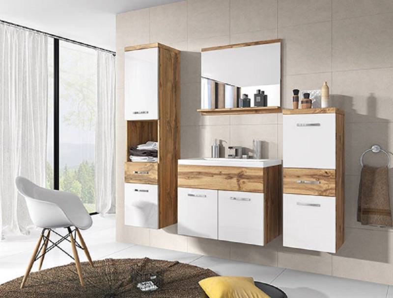 Badmöbel-Set ALBA, (Set, 5-St., Farbe wählbar), 2 Hängeschränke + 1 Spiegel + 1 Waschbeckenunterschrank + 1 Waschbecken von Feldmann-Wohnen