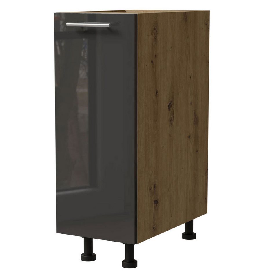 Feldmann-Wohnen Auszugsunterschrank Essen (D1D/30, 1-türig, 1 Einlegeboden, 1-St., abrieb- / kratzfeste Fronten, chromglänzende Reling Metallgriffe) 30x50x82cm Front Graphit Hochglanz / Korpus Eiche Artisan Matt von Feldmann-Wohnen