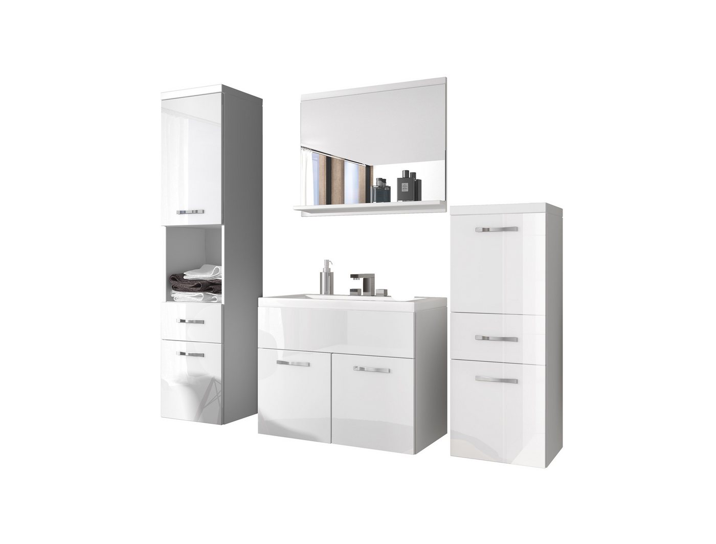 Feldmann-Wohnen Badmöbel-Set Alba, (2 Hängeschränke, 1 Spiegel, 1 Waschbeckenunterschrank, 1 Waschbecken, 5-St., 3 Türen, 1 Einlegeboden, 1 offenes Fach, 3 Schubladen, 1 Spiegel), 5-teilig, weiß / weiß Hochglanz von Feldmann-Wohnen