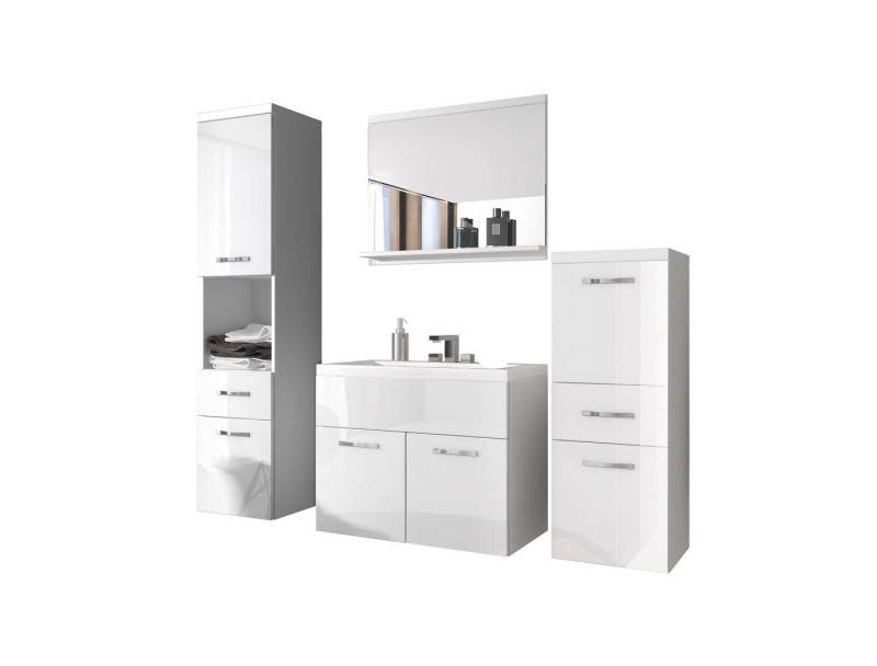 Feldmann-Wohnen Badmöbel-Set Alba, (2 Hängeschränke, 1 Spiegel, 1 Waschbeckenunterschrank, 1 Waschbecken, 5-St., 3 Türen, 1 Einlegeboden, 1 offenes Fach, 3 Schubladen, 1 Spiegel), 5-teilig, weiß / weiß Hochglanz von Feldmann-Wohnen