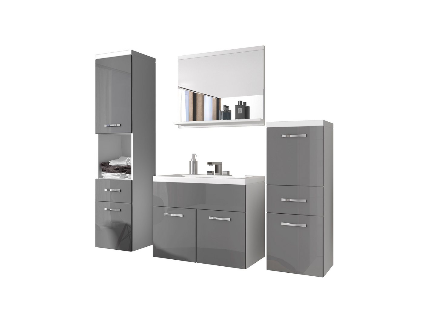 Feldmann-Wohnen Badmöbel-Set Alba, (2 Hängeschränke, 1 Spiegel, 1 Waschbeckenunterschrank, 1 Waschbecken, 5-St., 3 Türen, 1 Einlegeboden, 1 offenes Fach, 3 Schubladen, 1 Spiegel), 5-teilig, weiß / grau Hochglanz von Feldmann-Wohnen