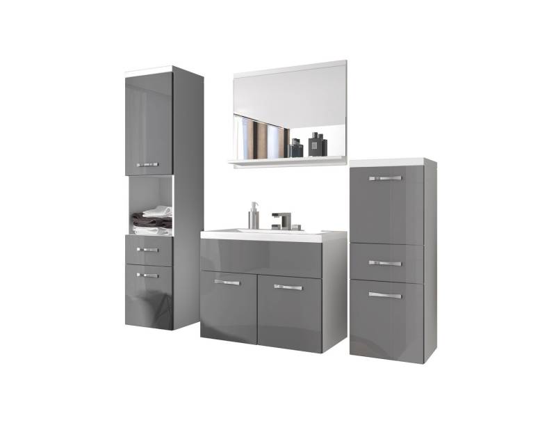 Feldmann-Wohnen Badmöbel-Set Alba, (2 Hängeschränke, 1 Spiegel, 1 Waschbeckenunterschrank, 1 Waschbecken, 5-St., 3 Türen, 1 Einlegeboden, 1 offenes Fach, 3 Schubladen, 1 Spiegel), 5-teilig, weiß / grau Hochglanz von Feldmann-Wohnen