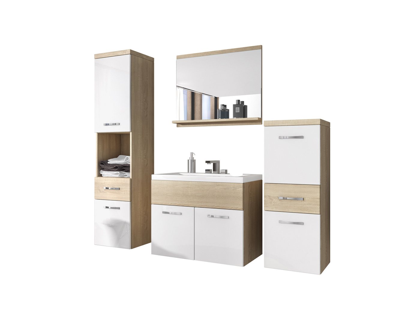 Feldmann-Wohnen Badmöbel-Set Alba, (2 Hängeschränke, 1 Spiegel, 1 Waschbeckenunterschrank, 1 Waschbecken, 5-St., 3 Türen, 1 Einlegeboden, 1 offenes Fach, 3 Schubladen, 1 Spiegel), 5-teilig, Eiche Sonoma / weiß Hochglanz von Feldmann-Wohnen