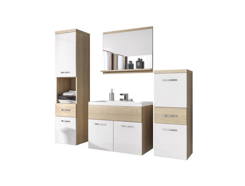 Feldmann-Wohnen Badmöbel-Set Alba, (2 Hängeschränke, 1 Spiegel, 1 Waschbeckenunterschrank, 1 Waschbecken, 5-St., 3 Türen, 1 Einlegeboden, 1 offenes Fach, 3 Schubladen, 1 Spiegel), 5-teilig, Eiche Sonoma / weiß Hochglanz von Feldmann-Wohnen