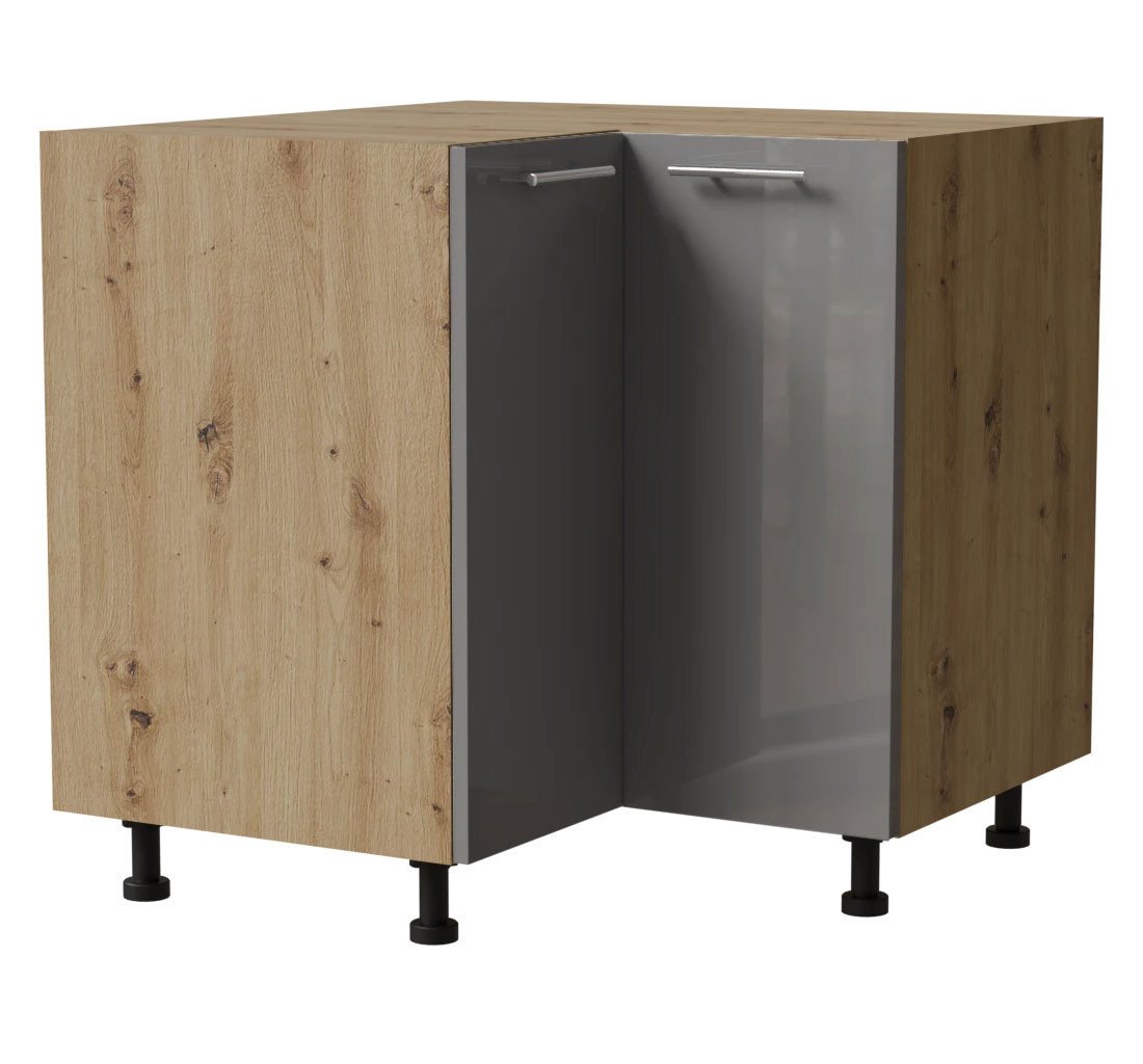 Feldmann-Wohnen Eckschrank Essen (D12/90, 2 Türen, 1-St., moderne Optik, Acrylfronten mit Glaseffekt) 90x90x82cm Eiche Artisan - grau Hochglanz (ES-D12/90) von Feldmann-Wohnen