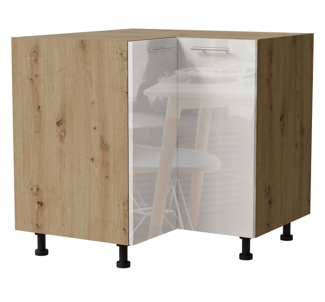 Feldmann-Wohnen Eckschrank Essen (D12/90, 2 Türen, 1-St., moderne Optik, Acrylfronten mit Glaseffekt) 90x90x82cm Eiche Artisan - weiß Hochglanz (ES-D12/90) von Feldmann-Wohnen