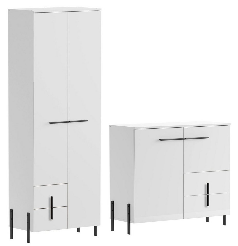 Feldmann-Wohnen Garderoben-Set Vigo, (1 Garderobenschrank (2-türig), 1 Kommode (2 Türen und 2 Schubladen), 2-St., moderne Optik, Kunststoffgriffe, ausziehbarer Kleiderbügelhalter), 2-teilig, Korpus weiß / Fronten weiß Hochglanz von Feldmann-Wohnen