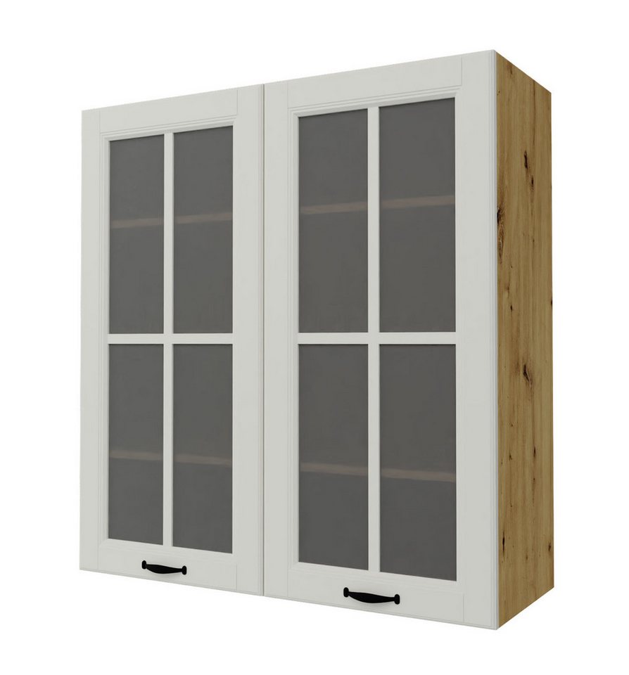 Feldmann-Wohnen Glashängeschrank Prato (Soft-Close-Funktion, Sprossenglastür (Klarglas), schwarzer Metallgriff, 1-St., hochwertig matt lackierte Fronten in dekorativer Leistenoptik) 90x32,5x96cm Front- & Korpusfarbe wählbar, 2-türig, 3 Holzeinlegeböden von Feldmann-Wohnen