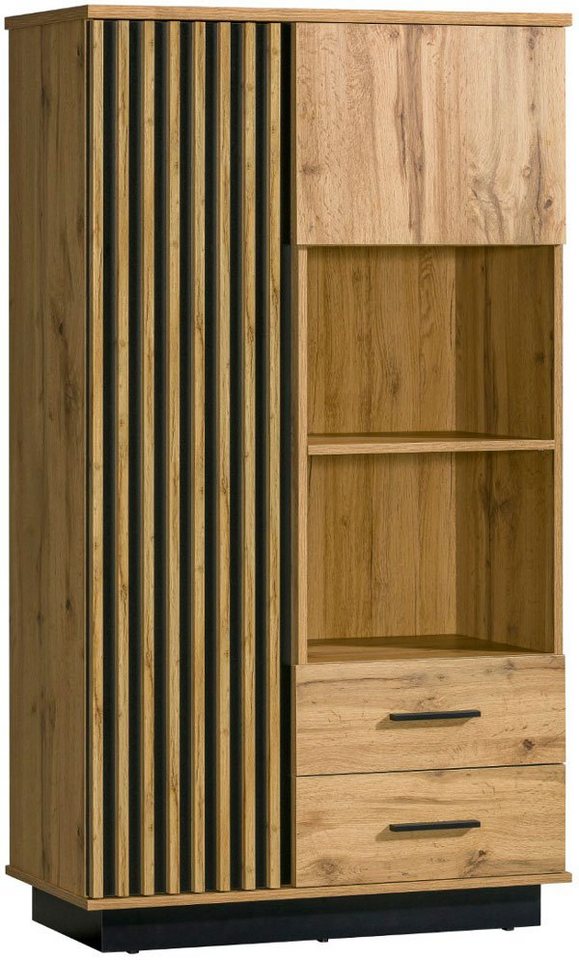 Feldmann-Wohnen Highboard Lamia (2 Türen, innen 3 Holzböden, 2 Schubladen, 2 offene Fächer, 1 St., Kunststoffgriffe in schwarz, Front mit dekorativen Lamellen), 90cm Wotan Eiche schwarz 2-türig von Feldmann-Wohnen