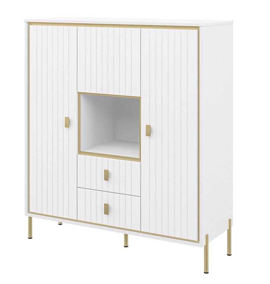 Feldmann-Wohnen Highboard Luxor (1 St), 126x45x140cm polarweiß Hochglanz Gold von Feldmann-Wohnen