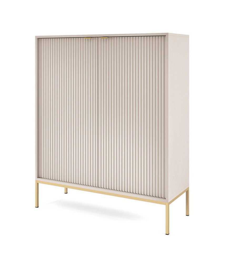 Feldmann-Wohnen Highboard Nova (2 Türen, 4 Holzböden, klare Kanten, geradliniges Design, 1 St., Riffel-Optik Front, goldfarbene Metallgriffe, ABS-Kanten), 104x39x125cm, Fronten mit ausdrucksstarkem geriffelten Muster von Feldmann-Wohnen
