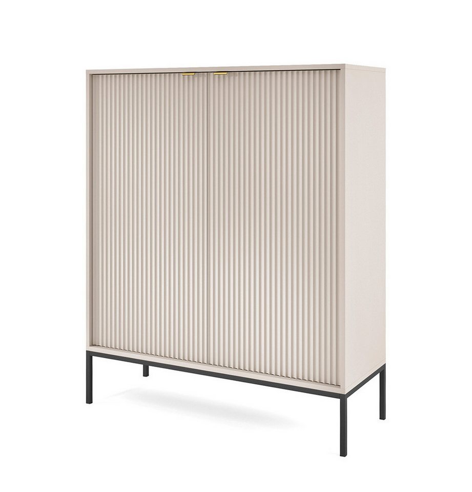 Feldmann-Wohnen Highboard Nova (2 Türen, 4 Holzböden, klare Kanten, geradliniges Design, 1 St., Riffel-Optik Front, goldfarbene Metallgriffe, ABS-Kanten), 104x39x125cm, Fronten mit ausdrucksstarkem geriffelten Muster von Feldmann-Wohnen