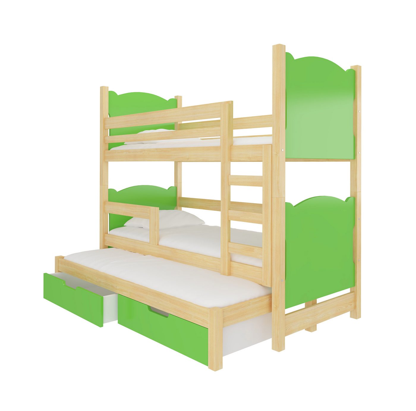 Feldmann-Wohnen Hochbett Leticia (3 Liegeflächen, 2 Bettschubladen, 1-St., Liegefläche oben 75 x 180 cm, Liegefläche Ausziehbett 75 x 172 cm) 188x81x160cm Farbe Kiefer Natur / grün von Feldmann-Wohnen