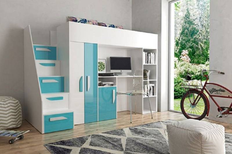 Feldmann-Wohnen Hochbett PARTY (Etagenbett mit Schreibtisch + Kleiderschrank) Farbe wählbar von Feldmann-Wohnen