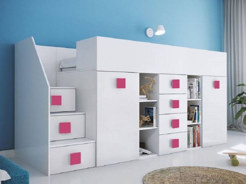 Hochbett TOLEDO 3 (Etagenbett mit Schreibtisch + Kleiderschrank) Farbe wählbar - Treppe links von Feldmann-Wohnen