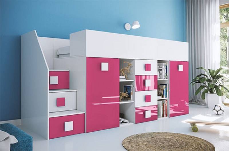 Hochbett TOLEDO 3 (Etagenbett mit Schreibtisch + Kleiderschrank) Farbe wählbar - Treppe links von Feldmann-Wohnen
