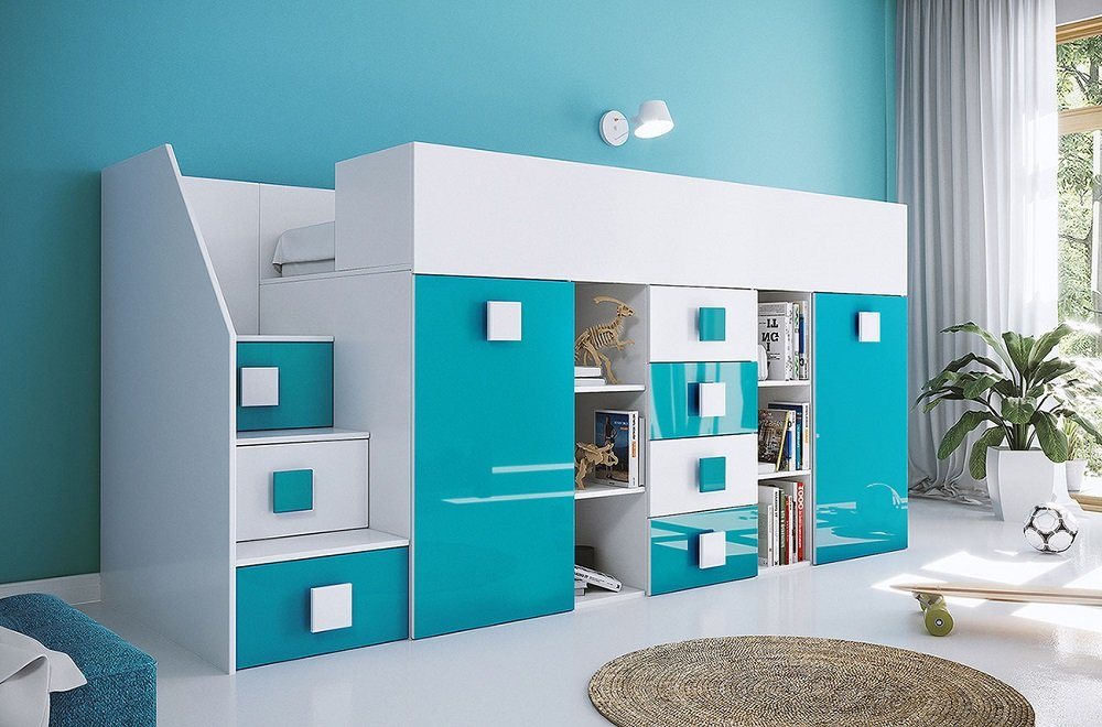 Feldmann-Wohnen Hochbett TOLEDO 3 (Etagenbett mit Schreibtisch + Kleiderschrank) Farbe wählbar - Treppe links von Feldmann-Wohnen