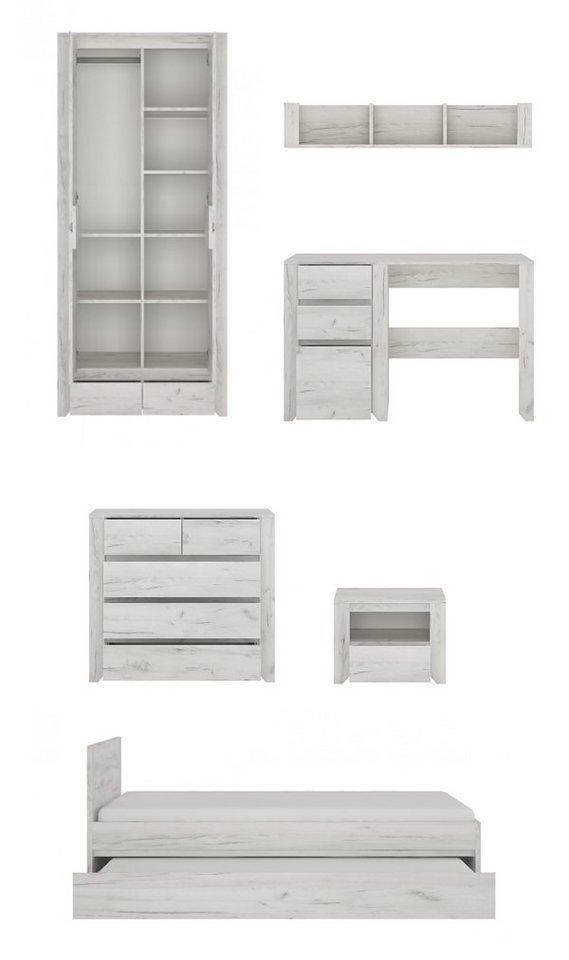 Feldmann-Wohnen Komplettschlafzimmer Angel, (1 Kleiderschrank, 1 Schreibtisch mit Container, 1 Wandregal, 6-tlg., 1 Nachttisch, 1 Bett mit Ausziehfunktion, 1 Sideboard), 431,6cm weißeiche mit Griffmulden 7-teilig von Feldmann-Wohnen