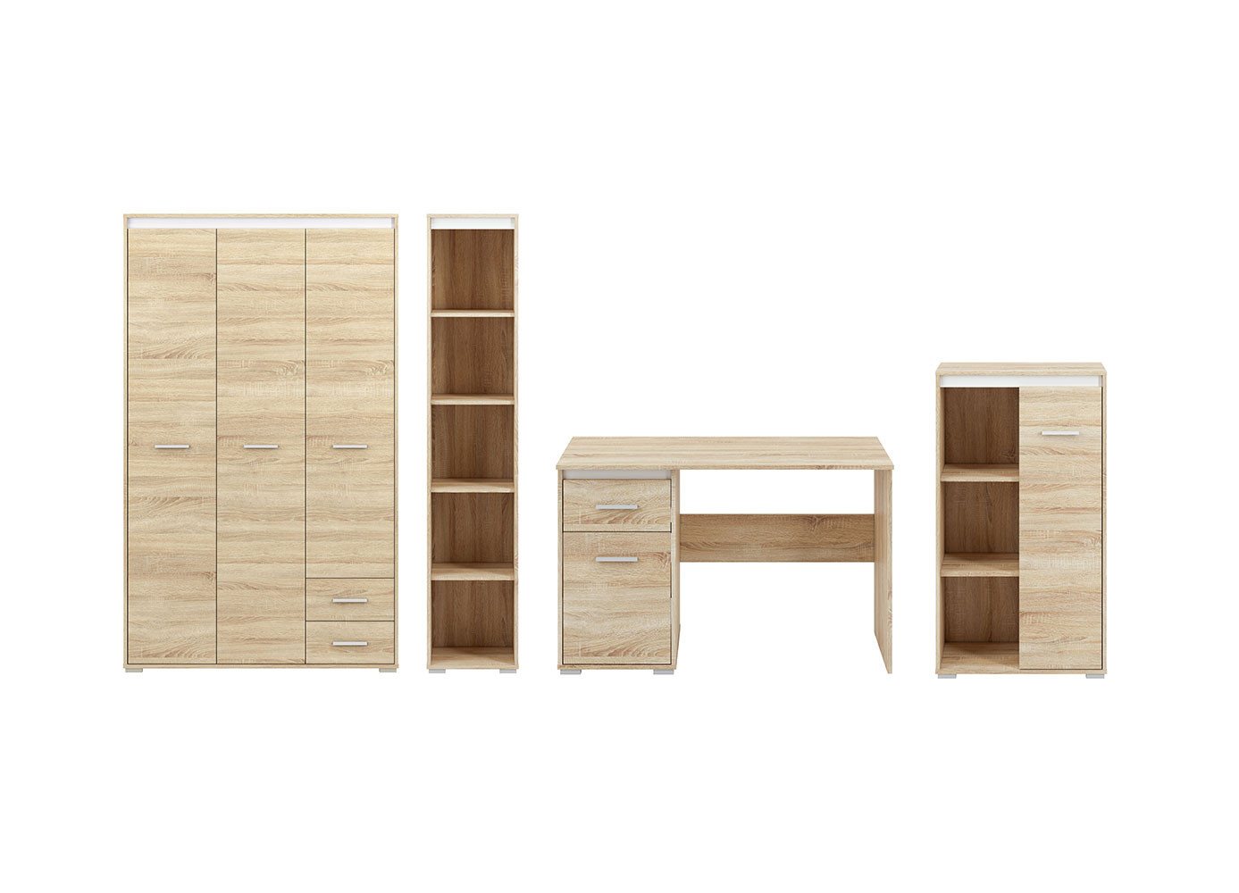 Feldmann-Wohnen Jugendzimmer-Set Avo, (1 Kleiderschrank, 1 Schreibtisch, 1 Highboard, 1 Regal, 4-tlg., ABS-Kanten, weiche angenehme Haptik & hochwertiger Schutz vor Stößen), 349x55x200cm Korpus & Front Sonoma Eiche, Absetzung farblich tauschbar von Feldmann-Wohnen