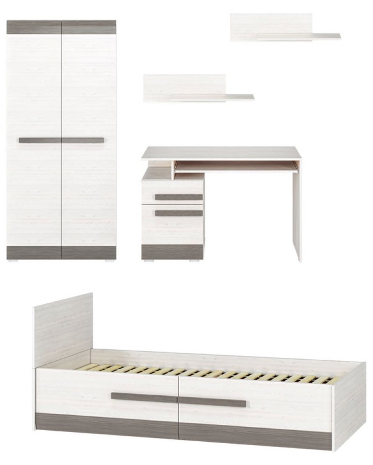 Feldmann-Wohnen Jugendzimmer-Set Blanco, (Blanco, 5-St., 1 Kleiderschrank, 1 Bett, 1 Schreibtisch, 2 Wandregale), pinie weiß / grau 5-teilig von Feldmann-Wohnen