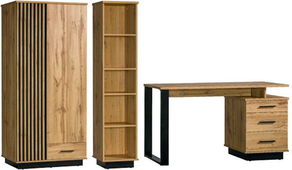 Feldmann-Wohnen Jugendzimmer-Set Lamia, (1x Bücherregal, 1x Kleiderschrank, 1x Schreibtisch, Kunststoffgriffe in schwarz, Front mit dekorativen Lamellen), 3-teilig Wotan Eiche schwarz von Feldmann-Wohnen