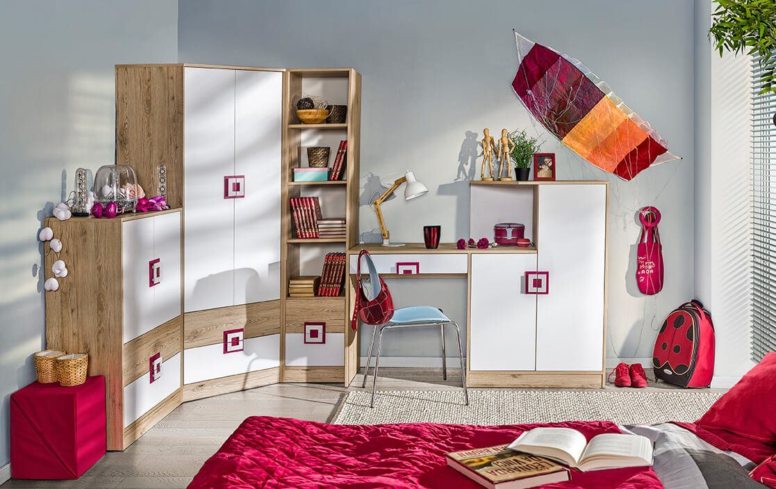 Feldmann-Wohnen Jugendzimmer-Set »NICO«, (Set, 4-St., 1 Eckkleiderschrank + 1 Schreibtisch + 1 Bücherregal + 1 Highboard), in Pink von Feldmann-Wohnen