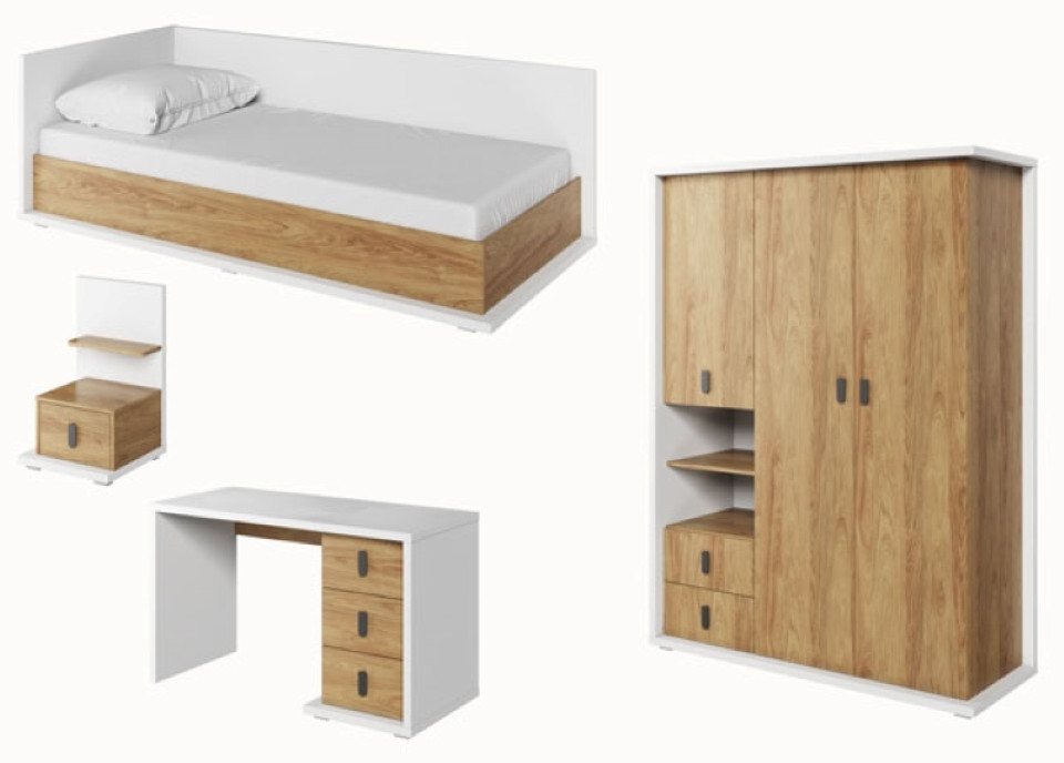 Feldmann-Wohnen Jugendzimmer-Set Simi, (Simi, 4-St., 1 Kleiderschrank, 1 Polsterliege, 1 Nachtkonsole, 1 Schreibtisch), 4-teilig weiß Hickory Oak inkl. Matratze von Feldmann-Wohnen