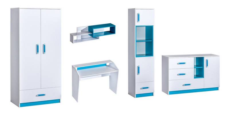 Feldmann-Wohnen Jugendzimmer-Set Trafiko, (1 Schreibtisch dekorativen farblichen Absetzungen, 1 Kleiderschrank, 1 Stauraumschrank, 1 Wandregal, 1 Sideboard), 505cm weiß/türkis 5-teilig von Feldmann-Wohnen