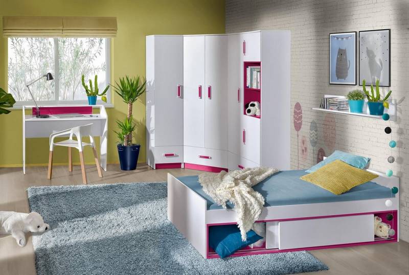 Feldmann-Wohnen Jugendzimmer-Set Trafiko, (1 Bett, 1 Schreibtisch, dekorativen farblichen Absetzungen, 1 Eck-Kleiderschrank, 2 Stauraumschränke, 1 Wandregal), 526cm weiß/Griffe in pink 6-teilig von Feldmann-Wohnen