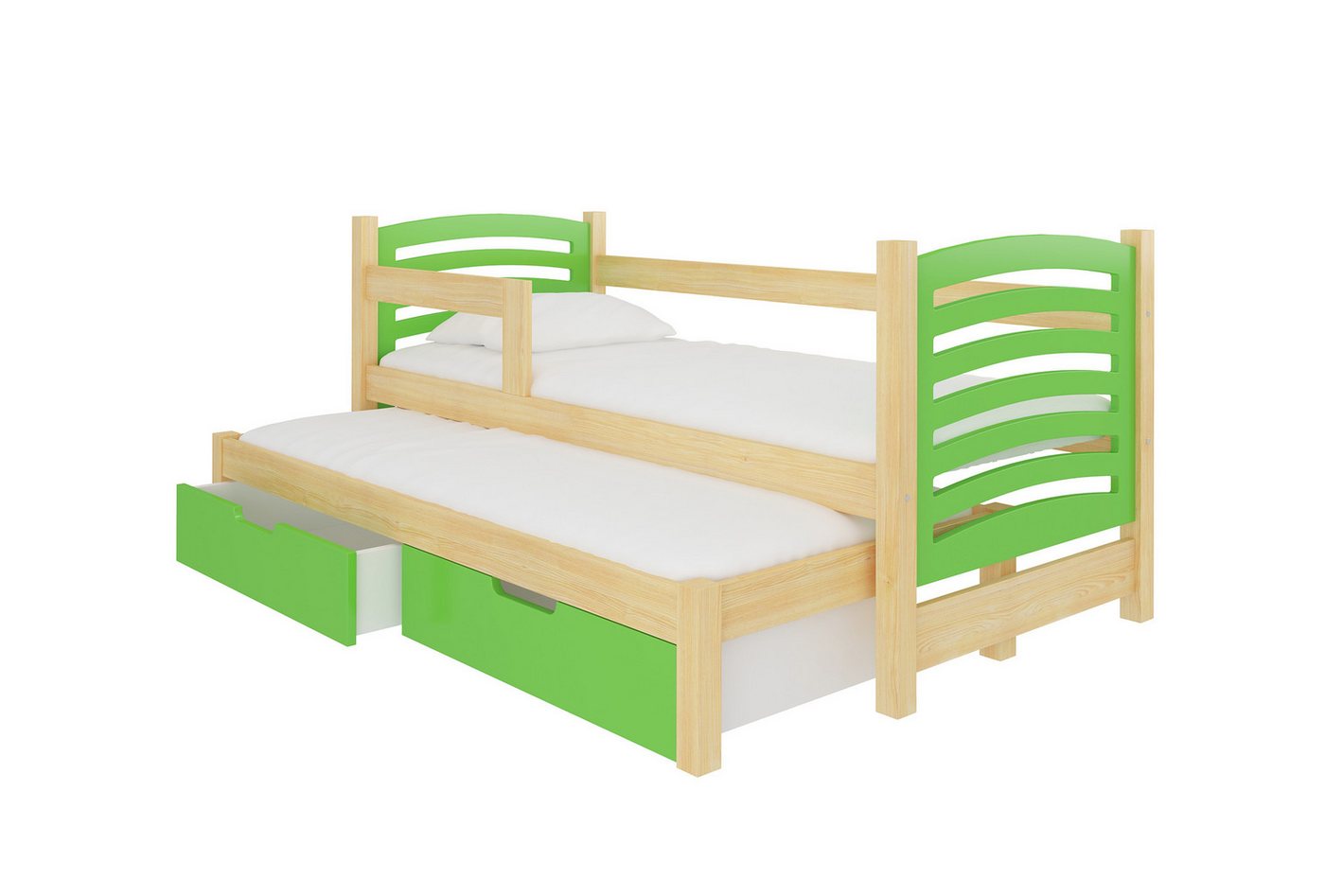 Feldmann-Wohnen Kinderbett Avila (2 Liegeflächen, 2 Bettschubladen, 1-tlg., Liegefläche oben 75 x 180 cm, Liegefläche Ausziehbett 75 x 172 cm), 188x81x80cm Farbe Kiefer Natur / grün von Feldmann-Wohnen