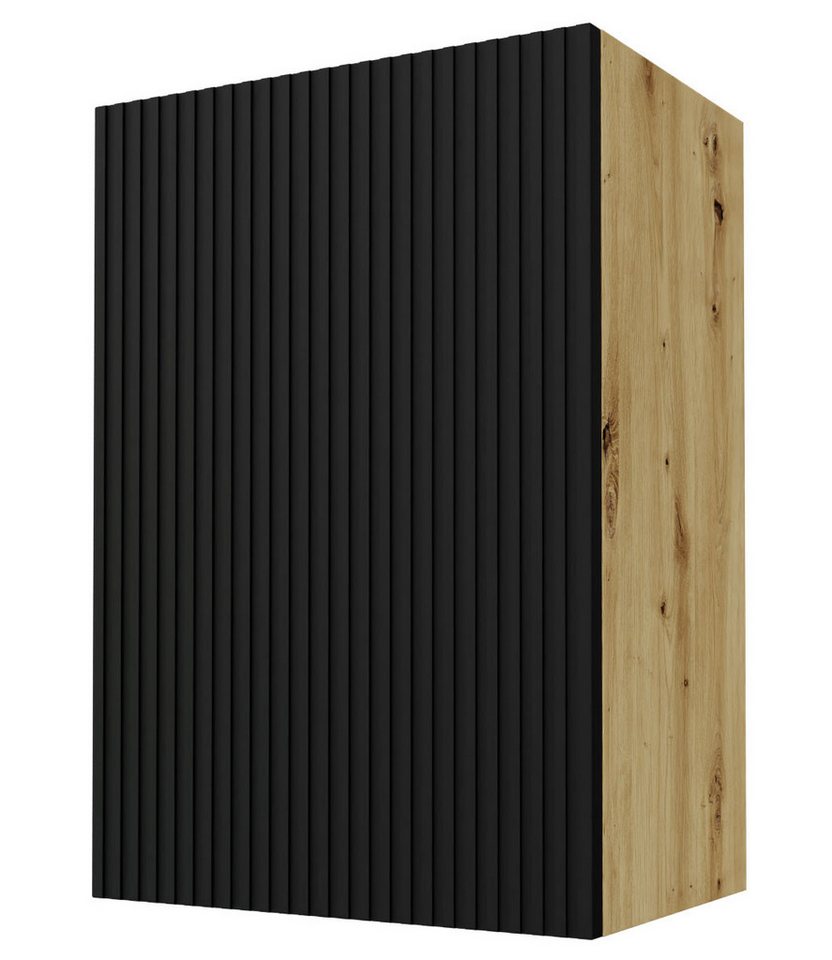 Feldmann-Wohnen Klapphängeschrank Avellino (1-türig, innen 2 Einlegeböden, Soft-Close-Funktion & mit Griffmulden, 1-St., Fronten sind hochwertig lackiert & mit Einfräsungen in Lamellen-Optik) 50x32,5x72cm Front Schwarz, Korpusfarbe in Eiche Artisan von Feldmann-Wohnen