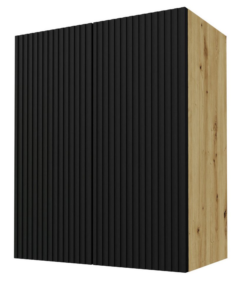 Feldmann-Wohnen Klapphängeschrank Avellino (2-türig, innen 2 Einlegeböden, Soft-Close-Funktion & mit Griffmulden, 1-St., Fronten sind hochwertig lackiert & mit Einfräsungen in Lamellen-Optik) 60x32,5x72cm Front Schwarz, Korpus in Eiche Artisan, 2-türig von Feldmann-Wohnen