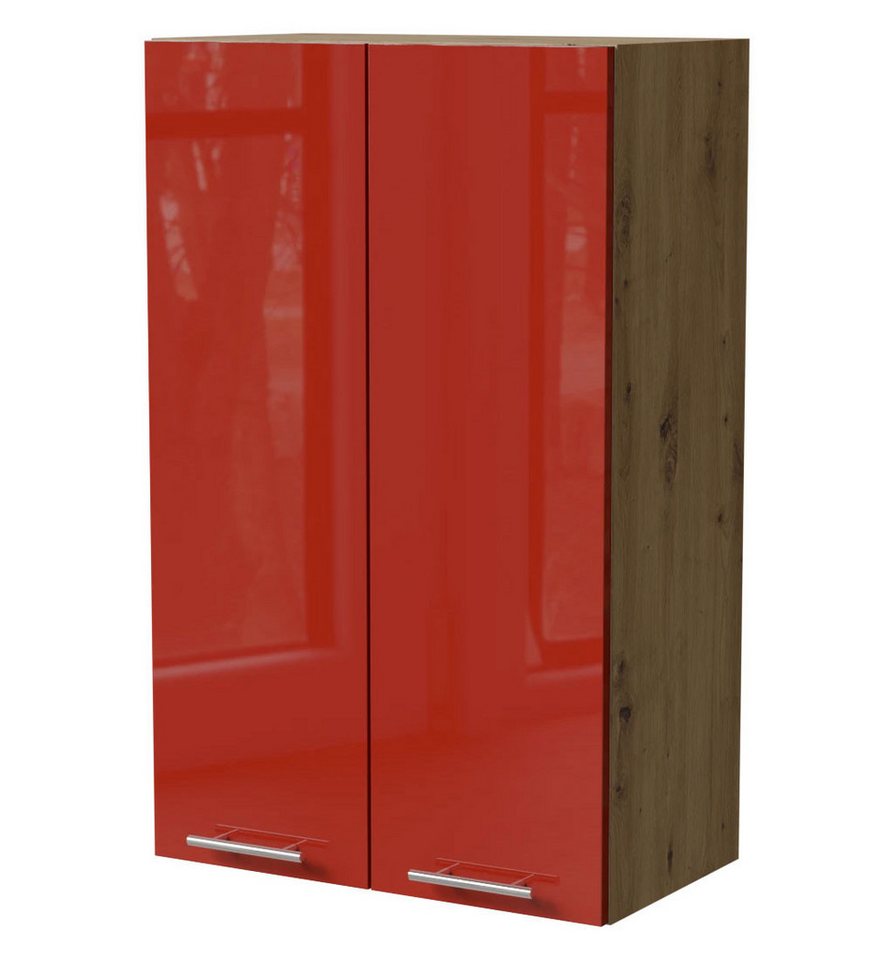 Feldmann-Wohnen Klapphängeschrank Brerra (W4/60, 2-türig, 3 Einlegeböden, 1-St., moderne Optik, lackierte Fronten, 60x32,5x96cm) Eiche Artisan / RAL 3002 karminrot Hochglanz von Feldmann-Wohnen