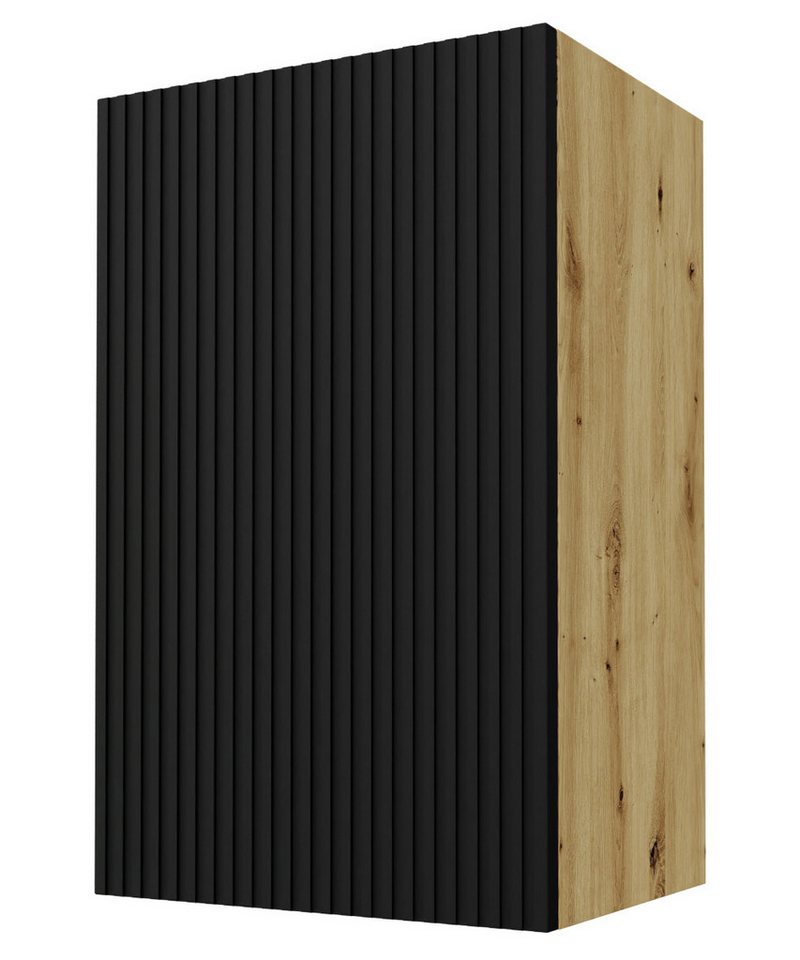 Feldmann-Wohnen Klapphängeschrank Lamello (1-türig, innen 2 Einlegeböden, mit Soft-Close-Funktion, 1-St., Fronten sind hochwertig lackiert & mit Einfräsungen in Lamellen-Optik) 45x32,5x72cm Front schwarz, Korpusfarbe in Eiche Artisan, Griffmulden von Feldmann-Wohnen