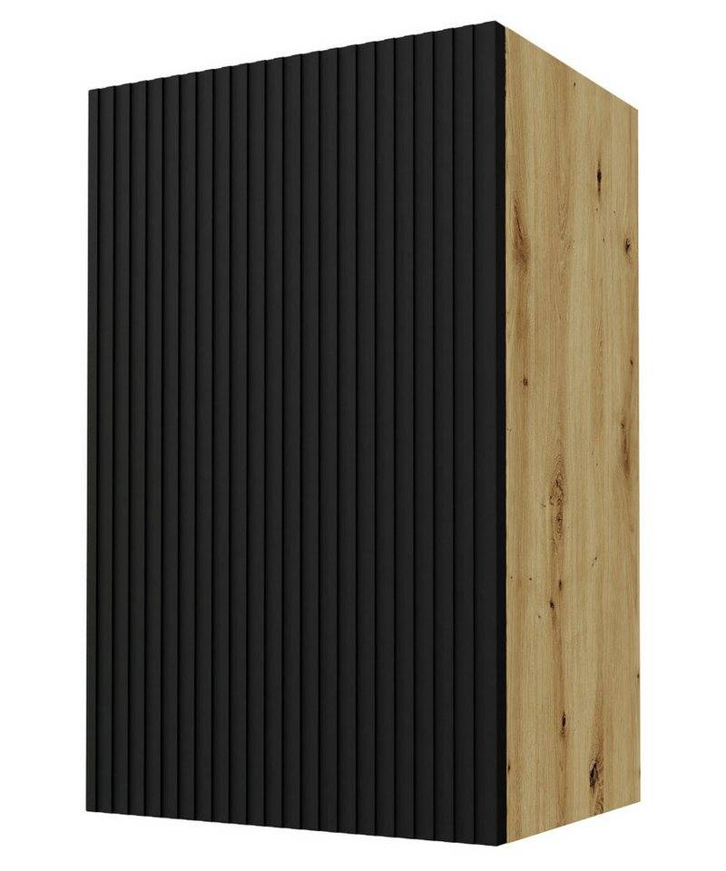 Feldmann-Wohnen Klapphängeschrank Lamello (1-türig, innen 2 Einlegeböden, mit Soft-Close-Funktion, 1-St., Fronten sind hochwertig lackiert & mit Einfräsungen in Lamellen-Optik) 45x32,5x72cm Front schwarz, Korpusfarbe in Eiche Artisan, Griffmulden von Feldmann-Wohnen