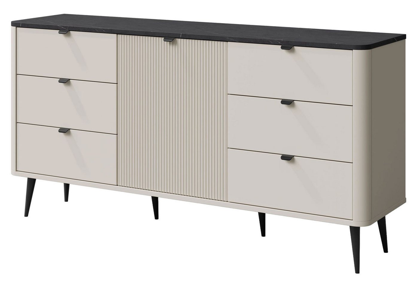 Feldmann-Wohnen Kombikommode Marly (1 Drehtür, 1 Einlegeboden, 6 Schubladen, 1 St., moderne Optik, abgerundeter Korpus, Zugengriffe aus Metall), 160x40x82cm Kaschmir / Graustein von Feldmann-Wohnen