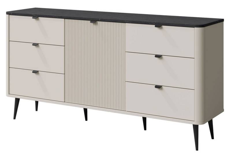 Feldmann-Wohnen Kombikommode Marly (1 Drehtür, 1 Einlegeboden, 6 Schubladen, 1 St., moderne Optik, abgerundeter Korpus, Zugengriffe aus Metall), 160x40x82cm Kaschmir / Graustein von Feldmann-Wohnen