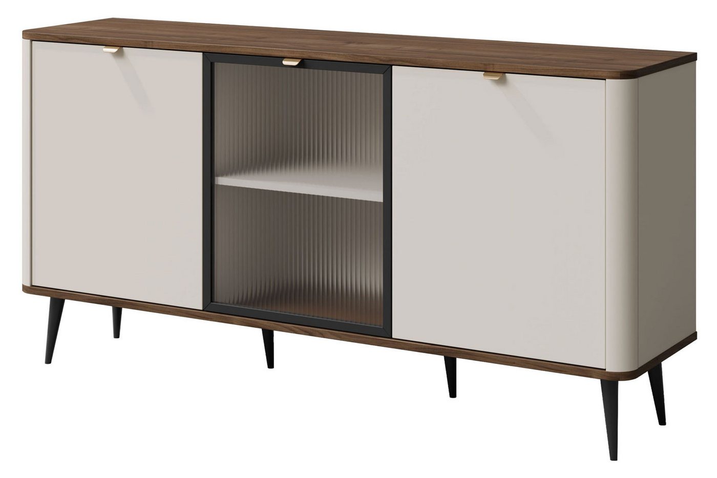 Feldmann-Wohnen Kommode Marly (mit 1 Glastür, 2 Holztür, 3 Einlegeböden, 1 St., moderne Optik, abgerundeter Korpus, Zugengriffe aus Metall), 160x40x82cm Kaschmir / Walnuss von Feldmann-Wohnen