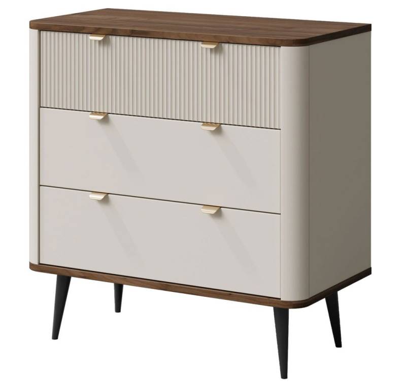 Feldmann-Wohnen Kommode Marly (mit 3 Schubladen, 1 St., moderne Optik, abgerundeter Korpus, Zungengriffe aus Metall), 90x40x82cm Kaschmir / Walnuss von Feldmann-Wohnen