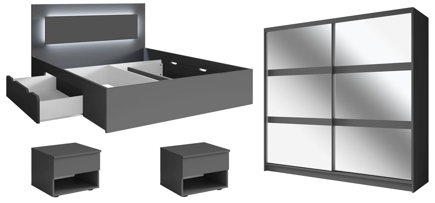 Feldmann-Wohnen Komplettschlafzimmer Fino, (1 Schiebetürenschrank, 1 Doppelbett, 2 Nachtkonsolen, 4-tlg., moderne Optik, ohne Soft-Close, mit Türen, Schubladen), 160x200 Liegefläche, graphit, mit LED-Licht & Lattenrost, 4-teilig von Feldmann-Wohnen