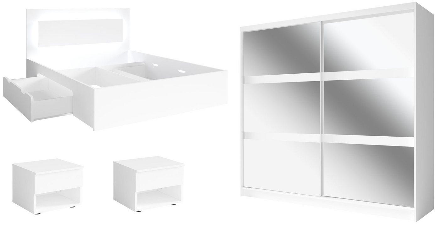 Feldmann-Wohnen Komplettschlafzimmer Fino, (1 Schiebetürenschrank, 1 Doppelbett, 2 Nachtkonsolen, 4-tlg., moderne Optik, ohne Soft-Close, mit Türen, Schubladen), 180x200 Liegefläche, weiß, mit LED-Licht & Lattenrost, 4-teilig von Feldmann-Wohnen