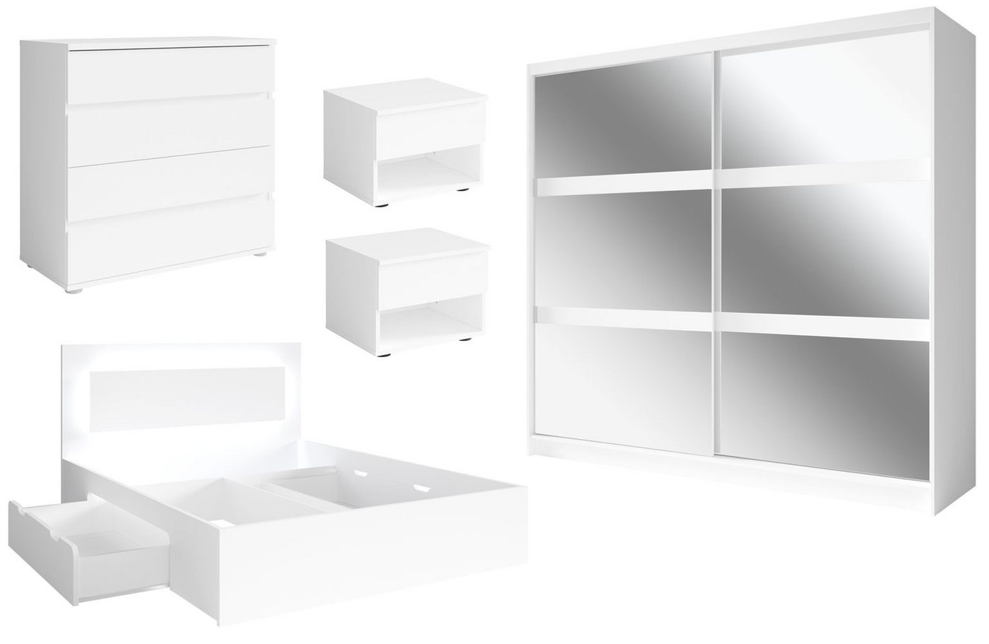 Feldmann-Wohnen Komplettschlafzimmer Fino, (Schiebetürenschrank, Doppelbett, 2 Nachtkonsolen, Schubladenkommode, 5-tlg., moderne Optik, ohne Soft-Close, LED im Kopfteil), 160x200cm Liegefläche, weiß, mit Lattenrost & LED-Licht, 5-teilig von Feldmann-Wohnen