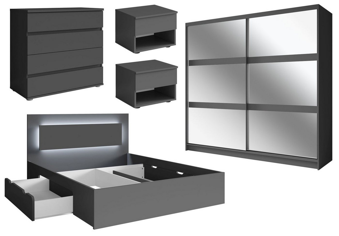 Feldmann-Wohnen Komplettschlafzimmer Fino, (Schiebetürenschrank, Doppelbett, 2 Nachtkonsolen, Schubladenkommode, 5-tlg., moderne Optik, ohne Soft-Close, LED im Kopfteil), 180x200cm Liegefläche, graphit, mit Lattenrost & LED-Licht, 5-teilig von Feldmann-Wohnen