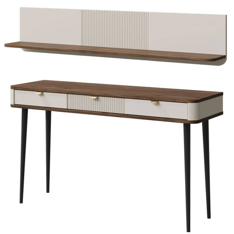 Feldmann-Wohnen Konsolentisch Marly (1 Konsolentisch, 1 Wandregal, 2-St., moderne Optik, abgerundeter Korpus, Zungengriffe aus Metall), 2er-Set Home-Office Kaschmir / Walnuss von Feldmann-Wohnen